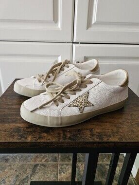 ShuShop Paula Gold Glitter Star White Leather Sneakers Casual Glam Athleisure